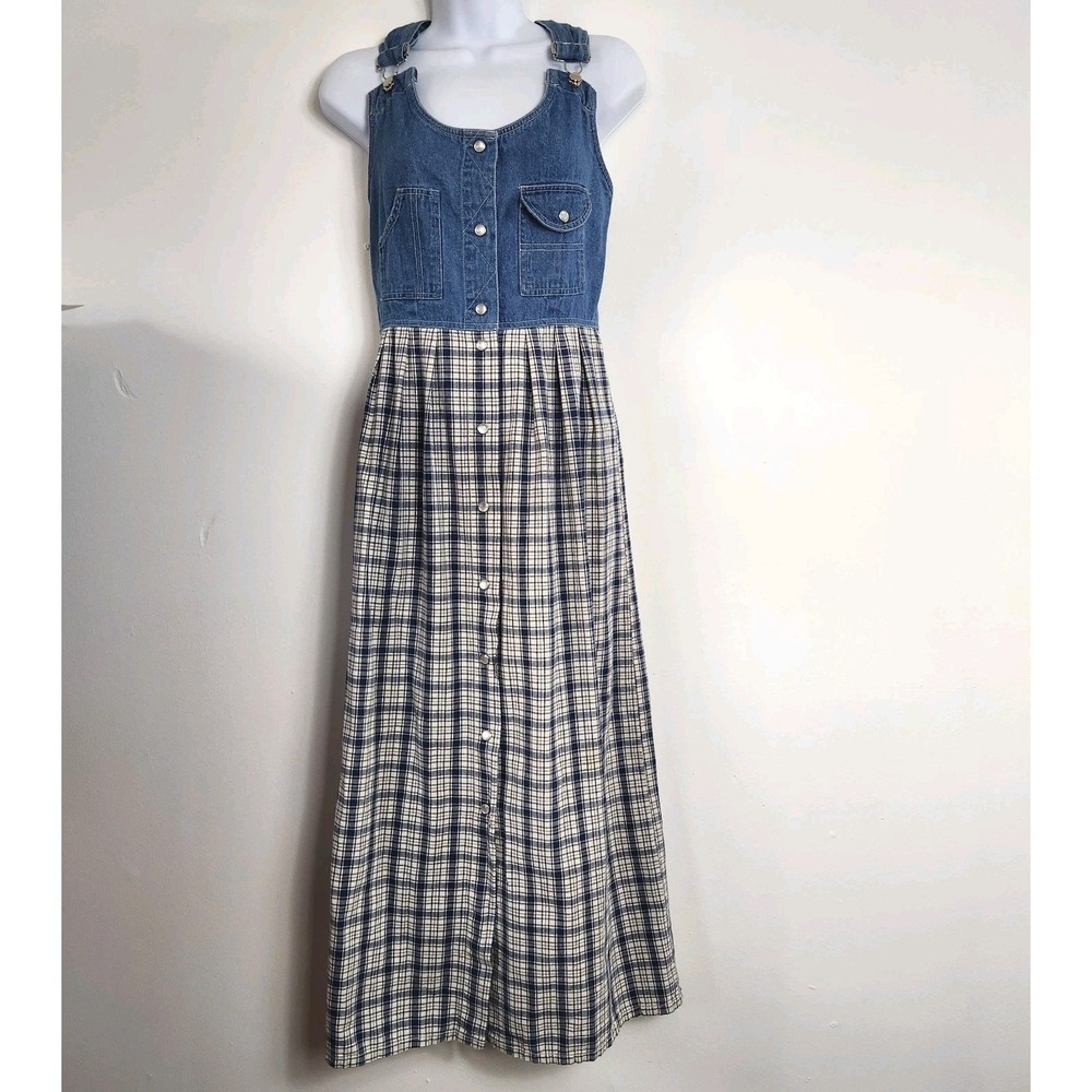 Vintage 90s Boutique Europa Denim Plaid Overall Maxi Dress Prairie Cottagecore 8
